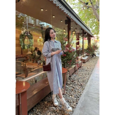 Đầm bầu công sở maxi dáng suông tay dài kẻ xanh trẻ trung, phối gấu nổi - Hot hit 194k 4