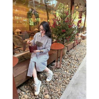 Đầm bầu công sở maxi dáng suông tay dài kẻ xanh trẻ trung, phối gấu nổi - Hot hit 194k 5