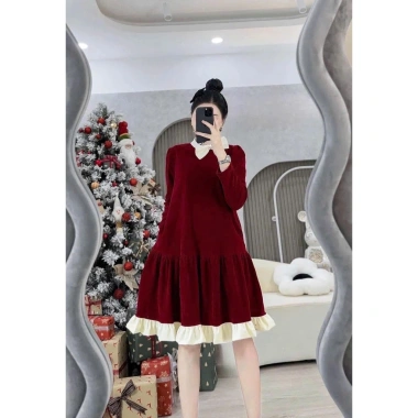 Đầm bầu tiểu thư công sở thu đông dài tay, dáng suông form rộng freesize, chất nhung dày ấm áp - 168k 3