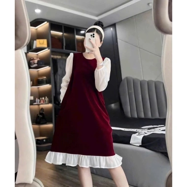 Đầm bầu tiểu thư công sở thu đông dài tay, dáng suông form rộng freesize, chất nhung dày ấm áp - 168k 6
