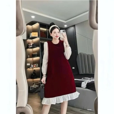 Đầm bầu tiểu thư công sở thu đông dài tay, dáng suông form rộng freesize, chất nhung dày ấm áp - 168k 9
