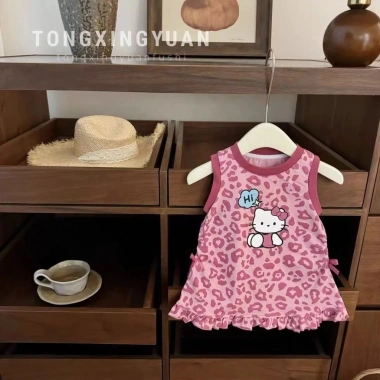 Đầm Bé 0-3Y Leopard Kitty Nơ Không Tay Mùa Hè Thoáng Khí, Thời Trang Nhiệt Đới 6