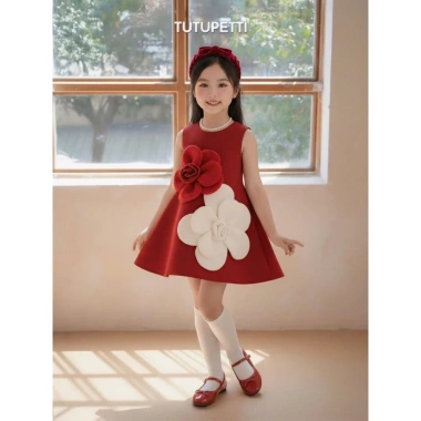 Đầm Bé Gái Đỏ Dáng Xòe Hoa 3D - Váy Tiệc Tết Noel Size Đại cho Mẹ & Bé 2 Đầm Bé Gái Đỏ Dáng Xòe Hoa 3D - Váy Tiệc Tết Noel Size Đại cho Mẹ & Bé 2