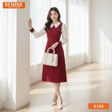 Đầm BEMINE cổ đức tay dài dáng chữ A, túi tiện, phong cách công sở - B168, chỉ 299.000₫