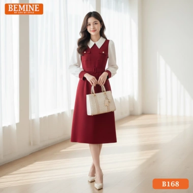 Đầm BEMINE cổ đức tay dài dáng chữ A, túi tiện, phong cách công sở - B168, chỉ 299.000₫
