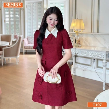 Đầm BEMINE cổ đức tùng, váy đính hoa cao cấp dáng chữ A - Tiệc sang, chỉ 569k