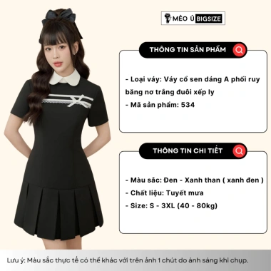 Đầm BIGSIZE Mèo Ú dáng A, ruy băng nơ trắng, cổ sen, đuôi xếp ly - Thanh lịch, giảm giá 319.000₫
