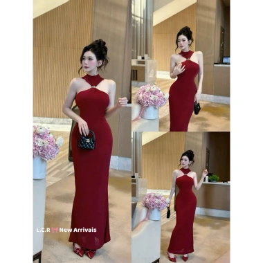 Đầm body maxi sang chảnh cổ yếm khuy vàng LCR - Đi tiệc Tết, giảm giá 358k 9