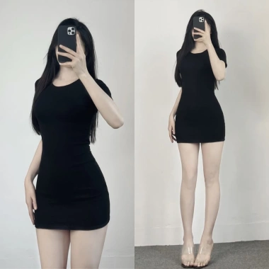 Đầm Body Nữ Dáng Ngắn Cổ Tròn Cộc Tay Thun Cotton Co Giãn Mini Ôm Dáng 377 9