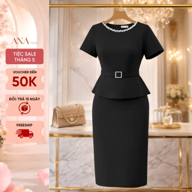 Đầm Bút Chì Kết Cườm Trung Niên ANA Mode - Cotton Lạnh Cao Cấp, Đi Tiệc, Quà Tết Tặng Mẹ, Giá 680k
