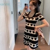 Đầm chữ A dệt kim tay ngắn màu đen họa tiết kẻ sọc và trái tim dễ thương ưu đãi 5