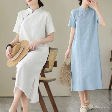 Đầm chữ A retro vải lanh jacquard cotton cổ đứng cải tiến, vừa tay, mát mẻ mùa hè - Giá chỉ 398.333₫ Đầm chữ A retro vải lanh jacquard cotton cổ đứng cải tiến, vừa tay, mát mẻ mùa hè - Giá chỉ 398.333₫