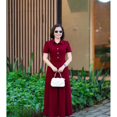 Đầm cổ sơmi vải Tuyết Nhung xoè nhẹ, thời trang công sở dạo phố trẻ trung NQT boutique 3 màu