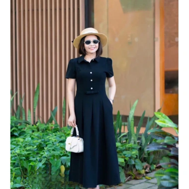 Đầm cổ sơmi vải Tuyết Nhung xoè nhẹ, thời trang công sở dạo phố trẻ trung NQT boutique 3 màu