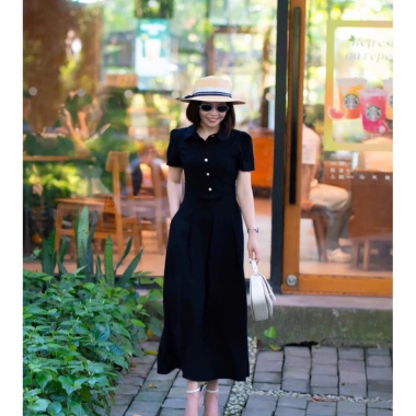 Đầm cổ sơmi vải Tuyết Nhung xoè nhẹ, thời trang công sở dạo phố trẻ trung NQT boutique 3 màu