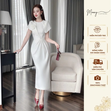 Đầm cổ tròn tay hến phủ vai hoa ngực ôm body dáng bút chì dài chất tuyết mưa - công sở, dự tiệc - giảm giá 352k/289k