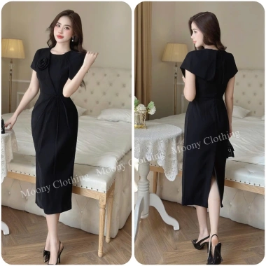 Đầm cổ tròn tay hến phủ vai hoa ngực ôm body dáng bút chì dài chất tuyết mưa - công sở, dự tiệc - giảm giá 352k/289k