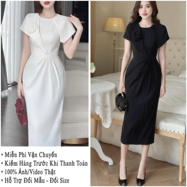 Đầm cổ tròn tay hến phủ vai hoa ngực ôm body dáng bút chì dài chất tuyết mưa - công sở, dự tiệc - giảm giá 352k/289k