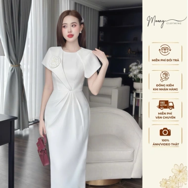 Đầm cổ tròn tay hến phủ vai hoa ngực ôm body dáng bút chì dài chất tuyết mưa - công sở, dự tiệc - giảm giá 352k/289k