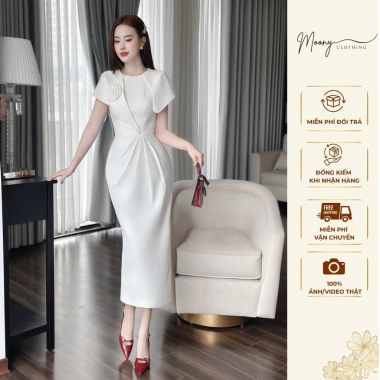 Đầm cổ tròn tay hến phủ vai hoa ngực ôm body dáng bút chì dài chất tuyết mưa - công sở, dự tiệc - giảm giá 352k/289k