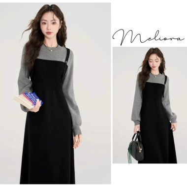 Đầm cổ tròn yếm đen chất chéo Ý, len lông thỏ mềm mịn, thanh lịch thu đông - Giá chỉ 239.000đ