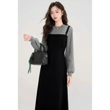 Đầm cổ tròn yếm đen chất chéo Ý, len lông thỏ mềm mịn, thanh lịch thu đông - Giá chỉ 239.000đ