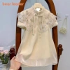 Đầm công chúa qipao Trung Hoa cài nút, đính ngọc trai, mùa hè cho bé gái 2-7 tuổi