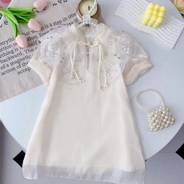 Đầm công chúa qipao Trung Hoa cài nút, đính ngọc trai, mùa hè cho bé gái 2-7 tuổi 9