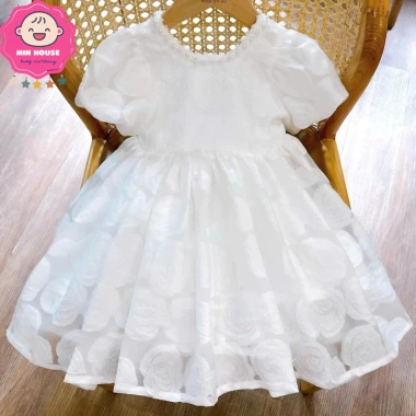 Đầm công chúa trắng tay phồng đính ngọc cho bé gái 12‑35kg – Giá ưu đãi 255.000₫