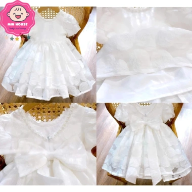 Đầm công chúa trắng tay phồng đính ngọc cho bé gái 12‑35kg – Giá ưu đãi 255.000₫