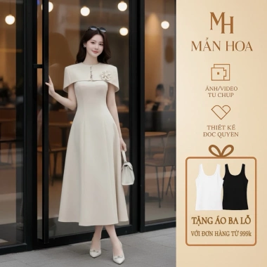 Đầm công sở cao cấp dáng dài màu kem - Cape vai hoa sang trọng, tôn dáng thanh lịch, giảm còn 632.880₫