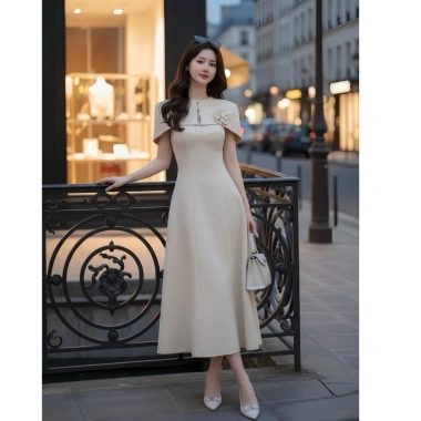 Đầm công sở cao cấp dáng dài màu kem - Cape vai hoa sang trọng, tôn dáng thanh lịch, giảm còn 632.880₫ 2