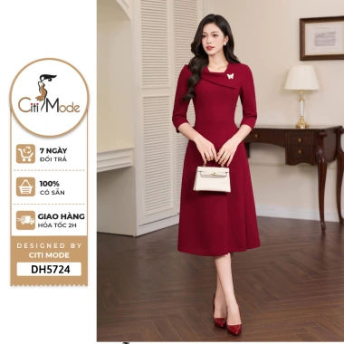 Đầm công sở CITI MODE FASHION đỏ chân A xếp ly lệch, tag cài - 499.000₫