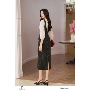 Đầm công sở CITI MODE FASHION ôm liền peplum kẻ đen trắng cổ vạt nơ – Giá 499.000 VND