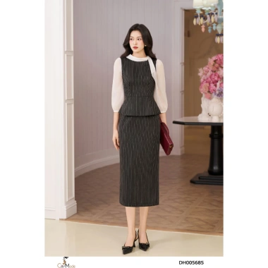 Đầm công sở CITI MODE FASHION ôm liền peplum kẻ đen trắng cổ vạt nơ – Giá 499.000 VND