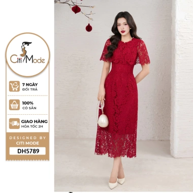 Đầm công sở CITI MODE FASHION ôm ren đỏ tay chơm, đính hoa ngực - 565.000₫