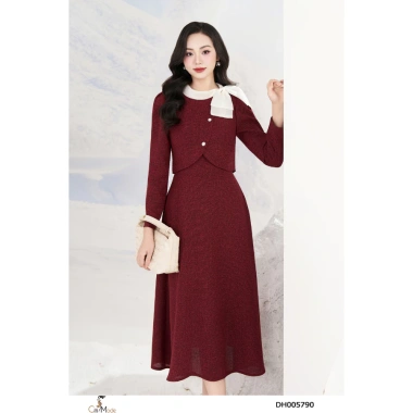 Đầm công sở CITI MODE FASHION xòe dạ đỏ giả set, cổ phối nơ cách điệu - DH5.790 3