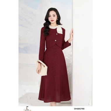 Đầm công sở CITI MODE FASHION xòe dạ đỏ giả set, cổ phối nơ cách điệu - DH5.790 4