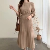Đầm công sở cổ tròn dài chân xếp ly thắt eo Hàn Quốc - Giá ưu đãi 385.000₫