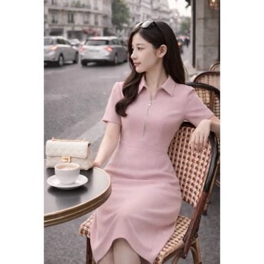 Đầm công sở dài quá gối cổ bẻ - khoá kéo trước, váy hồng thanh lịch tiểu thư nữ tính, giảm còn 499.000₫ 4