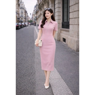 Đầm công sở dài quá gối cổ bẻ - khoá kéo trước, váy hồng thanh lịch tiểu thư nữ tính, giảm còn 499.000₫ 5