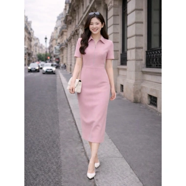 Đầm công sở dài quá gối cổ bẻ - khoá kéo trước, váy hồng thanh lịch tiểu thư nữ tính, giảm còn 499.000₫ 7