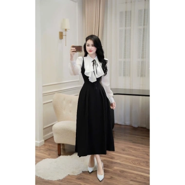 Đầm công sở dáng xòe phối sơ mi dài tay cổ bèo, nơ dây buộc nhẹ nhàng - 369.000đ