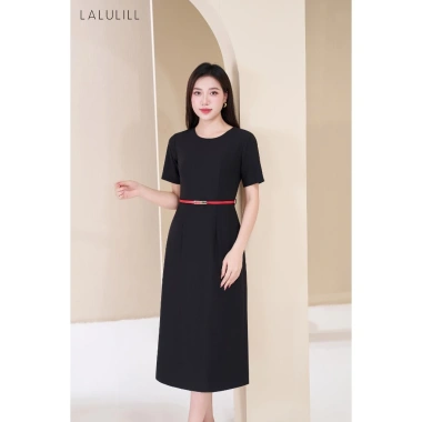 Đầm công sở LALULILL dáng A nhẹ, tay cộc, cổ tròn, xi tuýt co giãn - Giá chỉ 469.000đ