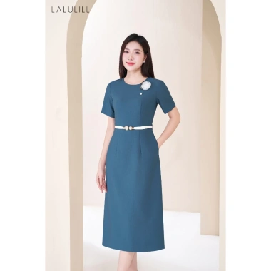 Đầm công sở LALULILL dáng A nhẹ, tay cộc, cổ tròn, xi tuýt co giãn - Giá chỉ 469.000đ