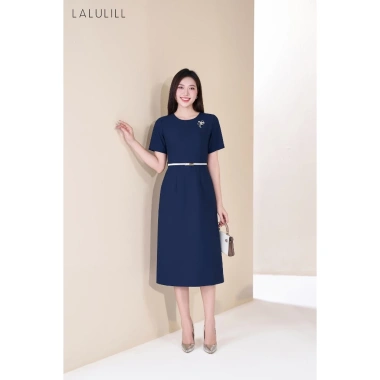 Đầm công sở LALULILL dáng A nhẹ, tay cộc, cổ tròn, xi tuýt co giãn - Giá chỉ 469.000đ