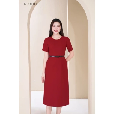 Đầm công sở LALULILL dáng A nhẹ, tay cộc, cổ tròn, xi tuýt co giãn - Giá chỉ 469.000đ