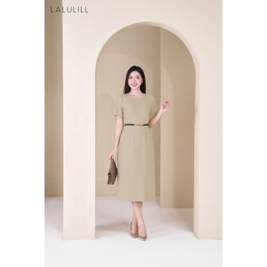 Đầm công sở LALULILL dáng A nhẹ, tay cộc, cổ tròn, xi tuýt co giãn - Giá chỉ 469.000đ
