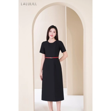 Đầm công sở LALULILL dáng A nhẹ, tay cộc, cổ tròn, xi tuýt co giãn - Giá chỉ 469.000đ