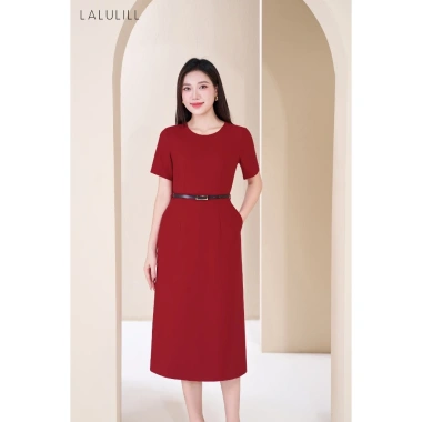 Đầm công sở LALULILL dáng A nhẹ, tay cộc, cổ tròn, xi tuýt co giãn - Giá chỉ 469.000đ